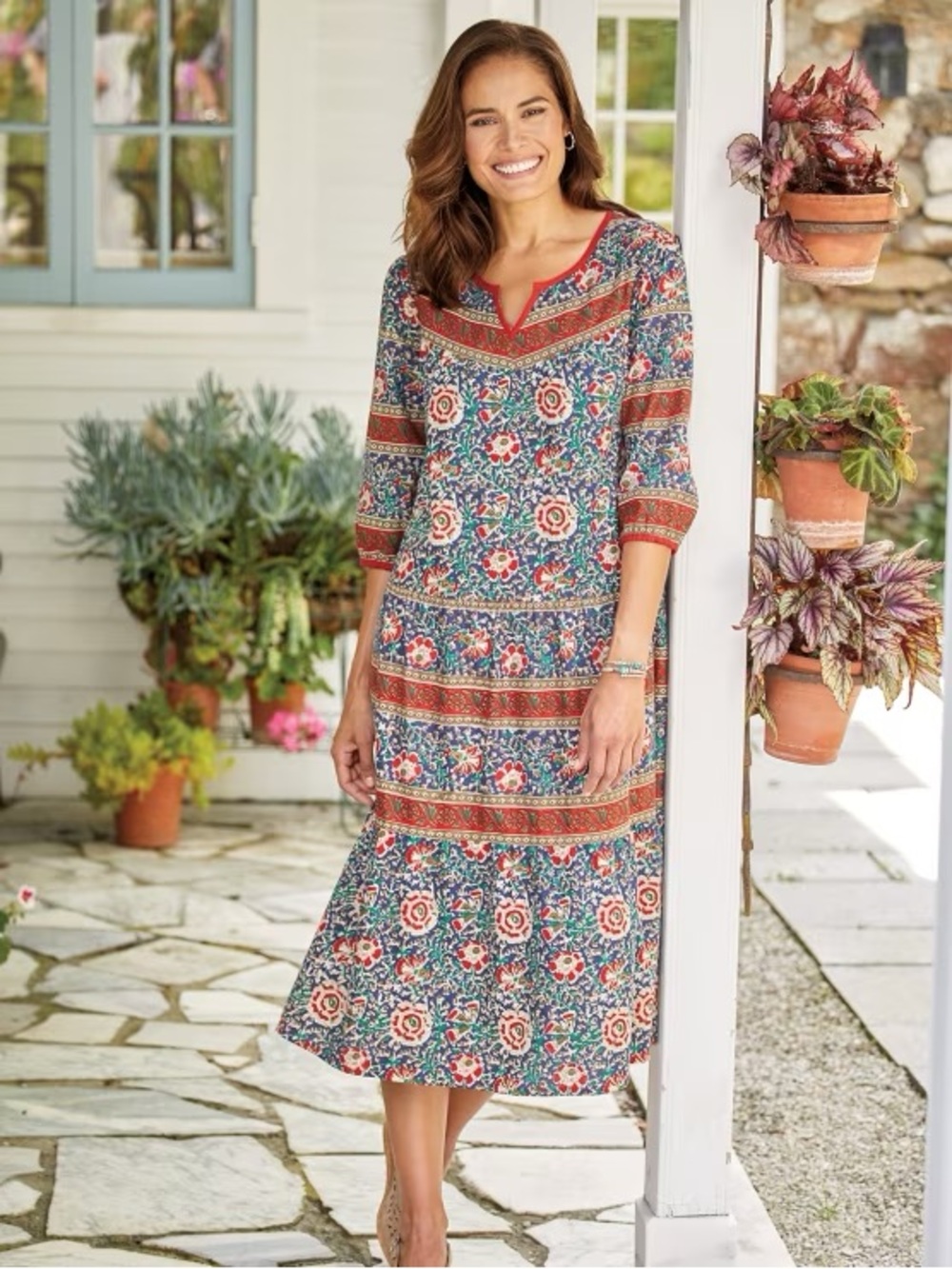 Vermont Country Store Notch Neckline Cotton
Muumuu With 3/4 Sleeves- Size M